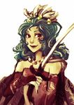  bare_shoulders bridal_gauntlets cape ella_kurki final_fantasy final_fantasy_vi green_hair hair_ornament lips long_hair red_eyes smile solo sword tina_branford weapon 