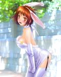 animal_ears bare_shoulders blush breasts brown_eyes brown_hair bunny_ears bunny_tail cleavage dress dress_tug elbow_gloves eyeshadow garter_straps gloves highres large_breasts looking_at_viewer makeup open_mouth original ribbon short_hair solo tail thighhighs white_legwear yui_toshiki 