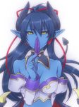  asmodeus_(shinrabanshou) bare_shoulders black_sclera blue_hair blue_skin breasts cleavage demon_girl demon_tail demon_wings feathers horns low_wings medium_breasts namaenadonai pointy_ears shinrabanshou solo tail wings yellow_eyes 