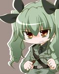  anchovy anzio_military_uniform belt black_shirt brown_eyes chibi dress_shirt drill_hair girls_und_panzer green_hair grey_jacket hair_ribbon jacket long_hair long_sleeves looking_at_viewer military military_uniform nakatomo_maya necktie ribbon sad shirt shoulder_belt solo standing tears twin_drills twintails uniform 