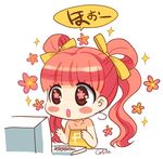  :o bare_shoulders black_eyes blush_stickers chibi computer flower flower-shaped_pupils keyboard_(computer) long_hair lowres mao_yu no_nose open_mouth original personification pink_hair pixa signature solo sparkle symbol-shaped_pupils twintails 