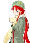  adapted_costume beanie blue_eyes blush braid coat cup hat highres hong_meiling long_hair looking_at_viewer mittens mug niwatazumi red_hair scarf sketch smile solo star touhou twin_braids very_long_hair winter_clothes 