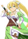  blonde_hair breasts cleavage cowboy_shot elf green_eyes holding leafa long_hair medium_breasts miri_(ago550421) pointy_ears scabbard sheath side_ponytail sketch smile solo sword sword_art_online unsheathing weapon white_background 