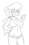  2019 4_fingers anthro big_breasts breasts callie_briggs cat cellphone cleavage clothed clothing digital_media_(artwork) eyewear feline female glasses hair holding_object long_hair mammal midriff monochrome navel phone ponytail pose pubes shorts skimpy smile solo standing swat_kats terrible_the_drawfag 