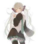  detached_sleeves green_eyes green_hair hatsune_miku long_hair looking_at_viewer necktie shinobu_(kobanatu) simple_background skirt sleeves_past_wrists solo thighhighs twintails very_long_hair vocaloid white_background white_hair zettai_ryouiki 