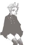  animal_ears blush branch_(blackrabbits) cat_ears final_fantasy final_fantasy_xi greyscale jacket mithra monochrome short_hair sketch solo thighhighs 