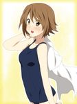  alternate_hairstyle blush brown_eyes brown_hair face hair_down ikari_manatsu k-on! one-piece_swimsuit revision school_swimsuit shirt short_hair solo swimsuit tainaka_ritsu 