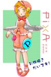  akira_(door_of_sky) badge blonde_hair bow bowtie hair_ornament hat logo no_nose open_mouth original oversized_object personification pigeon-toed pixa shoes stylus yellow_eyes 
