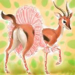  abstract_background antelope ballet black_eyes brown_body butt clothed clothing countershading female feral hooves horn looking_at_viewer looking_back melonleaf plain_background signature smile solo tutu yellow_background 