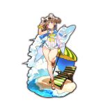  1girl beach beach_umbrella breasts brown_hair chair cleavage day inflatable_dolphin inflatable_toy last_period legs_up looking_at_viewer lounge_chair official_art outdoors purple_eyes sandals smile solo sunglasses swimsuit thigh_gap twintails umbrella water white-framed_eyewear whoopin 