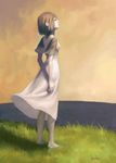  barefoot brown_hair dress grass ico looking_up pale_skin short_hair solo vince_price white_dress wind wind_lift yorda 