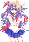  back_bow bishoujo_senshi_sailor_moon blue_sailor_collar blue_skirt bow choker cosplay crescent earrings elbow_gloves gloves hair_bow hair_ornament hat jewelry long_hair makuwauri mukyuu patchouli_knowledge pun purple_eyes purple_hair red_bow red_choker ribbon sailor_collar sailor_moon sailor_moon_(cosplay) sailor_senshi_uniform sketch skirt solo touhou translated tsuki_ni_kawatte_oshioki_yo white_gloves 