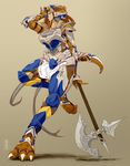  2011 aleisandra anthro armor big_breasts blue_eyes breasts brown_hair chainmail claws female fins fydbac hair halberd helmet horn leaning looking_away polearm pose reptile riptideshark scalie shadow solo weapon 