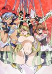  3girls absurdres angel_blade angel_blade_(character) angel_ender arms_up ass bare_shoulders blonde_hair blue_eyes blush breasts brown_eyes brown_hair cameltoe elphie_elfman fingerless_gloves flat_chest glasses gloves green_eyes gun hat high_heels highres hishizaki_shaia_(angel_blade) large_breasts long_hair looking_at_viewer multiple_girls nipples oobari_masami panties purple_hair shaiya_hishizaki shoes short_hair skirt smile spread_legs sweat topless underwear weapon 