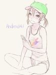  bad_id bad_pixiv_id bare_shoulders black_eyes blush brown_hair cellphone collarbone hat holding original phone shimano_natsume short_shorts shorts sitting sketch smile solo twintails white_background 