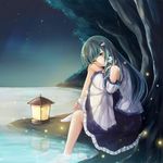  blush bug detached_sleeves fireflies firefly frog_hair_ornament green_eyes green_hair hair_ornament hair_tubes highres insect kochiya_sanae lantern long_hair night night_sky reflection sitting skirt sky smile snake_hair_ornament solo star_(sky) touhou tree water yingji_(zszero) 