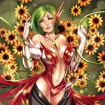  \m/ alternate_hairstyle bare_shoulders black_legwear bob_cut breasts center_opening collarbone cosplay ear_covers elbow_gloves flower gem gloves green_hair hannah_santos highres kazami_yuuka large_breasts league_of_legends navel plant red_eyes short_hair solo sunflower thighhighs touhou vines white_gloves zyra zyra_(cosplay) 