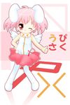  &gt;_&lt; animal_ears bare_shoulders blush bunny_ears character_name closed_eyes hand_on_hip minase_norihiko one_eye_closed original personification pink_eyes pink_hair pixa short_hair skirt smile solo thighhighs thumbs_up white_legwear wings 