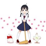  bird black_hair blue_eyes bow brown_hair bunny chicken dera_mochimazzui honjou kine kitashirakawa_tamako low_twintails mallet mole mole_on_neck solo tamako_market twintails 