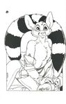  4_fingers anthro black_and_white cacomistle chest_tuft chester_ringtail_magreer claws clothed clothing cute fluffy_tail fur kneeling looking_at_viewer male mammal monochrome pose ringed_tail sofa solo terrie_smith thong tuft undressing 