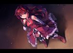  alternate_hairstyle bare_shoulders black_legwear boots detached_sleeves huanxiang_huifeng long_hair magical_girl mahou_shoujo_madoka_magica red_eyes red_hair sakura_kyouko smile solo standing thighhighs 