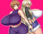  blonde_hair blue_eyes blush breasts brown_hair curvy gigantic_breasts hatomame kurokagami_ryuuko long_hair multiple_girls open_mouth otogi_tetsurou short_hair smile 