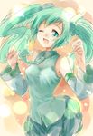 ;d bare_shoulders detached_sleeves green_eyes green_hair hatsune_miku highres light_particles long_hair necktie one_eye_closed open_mouth sketch skirt smile solo twintails vocaloid yuni_(manyutin) 