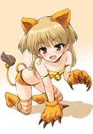  :d animal_ears bare_shoulders bell blonde_hair blush boots claws collarbone eyelashes fang idolmaster idolmaster_cinderella_girls jingle_bell jougasaki_rika lion_ears lion_girl lion_tail long_hair looking_at_viewer marugoshi_(54burger) open_mouth paws short_shorts shorts smile solo striped striped_legwear tail tail_bell thighhighs two_side_up yellow_eyes 