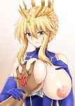  1girl areolae artoria_pendragon_(all) artoria_pendragon_(lancer) bangs bare_shoulders blonde_hair blue_eyes blue_gloves blue_leotard blush braid breast_grab breasts breasts_outside closed_mouth command_spell crown crown_braid deep_skin elbow_gloves fate/grand_order fate_(series) french_braid gloves grabbing gradient gradient_background guided_breast_grab hair_between_eyes hand_on_own_chest hellandheaven highres large_breasts leotard long_hair looking_at_viewer nipples pov sidelocks smile upper_body 