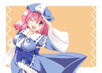  breasts chamayy hat japanese_clothes large_breasts one_eye_closed open_mouth pink_eyes pink_hair ribbon saigyouji_yuyuko sash short_hair smile solo touhou triangular_headpiece wide_sleeves 