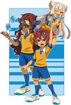  card goggles goggles_on_head headband inagaki_reia inazuma_eleven_(series) inazuma_eleven_go inazuma_eleven_go_tcg kadotsuka_temina lightning_bolt long_hair male_focus multiple_boys one_eye_closed open_mouth otoko_no_ko raimon saisou_(2ndere) soccer_uniform sportswear standing sugoi_atari very_long_hair 