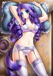  bed blue_eyes blush bra clothing cutie_mark emperpep equine female friendship_is_magic hair horn human humanized legwear long_hair looking_at_viewer lying mammal my_little_pony navel not_furry on_back panties pillow purple_hair rarity_(mlp) smile solo stay-ups stockings underwear unicorn 