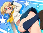  blonde_hair blush glasses green_eyes hayashi_custom looking_at_viewer navel original outline panties pantyshot pleated_skirt red-framed_eyewear school_uniform senjugiku_tabane serafuku skirt solo star twintails underwear white_panties 