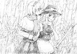  alice_margatroid bare_tree broom capelet gloves graphite_(medium) greyscale hat kirisame_marisa monochrome multiple_girls scarf short_hair star touhou traditional_media tree vent_arbre witch_hat 