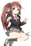  :&lt; bow brown_hair ew highres jumping little_busters! long_hair md5_mismatch natsume_rin pink_bow plaid plaid_skirt ponytail red_eyes school_uniform skirt solo 