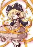  ;d blonde_hair blush bow dress fang hair_bow holding kurodani_yamame looking_at_viewer microphone muuba one_eye_closed open_mouth red_eyes ribbon sketch smile solo star touhou yellow_ribbon 