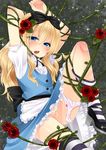  1boy alice_in_wonderland androgynous artist_request balls blonde_hair blue_eyes bow boy crossdressing dress nekomaru_rentarou panties panties_around_leg penis rose roses solo striped striped_legwear testicles thighhighs trap underwear vines 