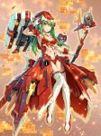  1girl boots breasts cleavage commentary_request eyebrows_visible_through_hair gloves green_hair hair_between_eyes headgear highres holding holding_weapon long_hair looking_at_viewer mecha mecha_musume medium_breasts navel original pinakes salute shoulder_armor snowflakes solo thigh_boots thighhighs weapon yellow_eyes 