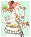  animal_ears blue_eyes blush bors_(eiyuu_senki) brown_hair bunny_ears dress earrings eiyuu_senki gauntlets green_hair jewelry mordred_(eiyuu_senki) multiple_girls ponytail red_hair ribbon shoe-ji sir_bedivere_(eiyuu_senki) sir_percival_(eiyuu_senki) twintails white_hair 