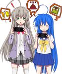  :3 ahoge blue_hair chestnut_mouth crossover green_eyes haiyore!_nyaruko-san handheld_game_console highres izumi_konata long_hair lucky_star mole mole_under_eye monster_hunter multiple_girls neotame_(lic-lac-sora) nyarlathotep_(nyaruko-san) playing_games playstation_portable poop ryouou_school_uniform school_uniform serafuku silver_hair taiyou_iwaku_moe_yo_chaos thighhighs white_legwear yellow_neckwear 