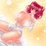  1girl blush breasts cleavage female hair_bobbles hair_ornament huge_breasts kogarashi_(wind_of_winter) onozuka_komachi red_eyes red_hair smile touhou twintails 