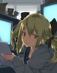  bad_id bad_pixiv_id blonde_hair book box danboo fikusipu koujiro_frau looking_at_viewer monitor robotics;notes school_uniform smile solo twintails window yellow_eyes 