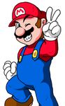  1boy blue_eyes boots brown_hair cap clenched_hand facial_hair fist gloves hat lowres male male_focus mario mario_(series) mustache nakagawa_rui nintendo overalls solo super_mario_bros. suspenders teeth v white_background wink 