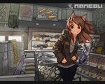  animal_ears armory artist_name brown_eyes brown_hair cobblestone fake_animal_ears grin gun jacket letterboxed long_hair nancou_(nankou) original poster_(object) shell_casing shop sign smile solo tail usb weapon weapon_shop window 