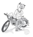  anthro backsash bandanna bike canine clothing dog greyscale hair husky looking_at_viewer male mammal monochrome motercycle motorcycle plain_background shirt solo vehicle white_background 