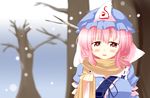 breasts chamayy embarrassed hat highres japanese_clothes large_breasts open_mouth pink_eyes pink_hair saigyouji_yuyuko scarf snow solo touhou tree triangular_headpiece upper_body wide_sleeves 
