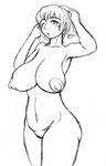  1girl areolae breasts drying female highres huge_breasts large_areolae long_breasts milf monochrome navel nipples nude original orizen puffy_nipples pussy short_hair simple_background sketch solo standing towel uncensored white_background wink 