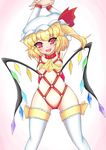  alternate_costume ascot asymmetrical_clothes blonde_hair borrowed_design censored convenient_censoring elbow_gloves fang flandre_scarlet flat_chest gloves hat highres kouroumu_yuuki open_mouth red_eyes side_ponytail simple_background smile solo thighhighs touhou wings wrist_cuffs 