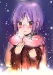  bad_id bad_pixiv_id blush brown_eyes coat glasses looking_at_viewer nagato_yuki purple_hair scarf short_hair sketch snowing solo suzumiya_haruhi_no_shoushitsu suzumiya_haruhi_no_yuuutsu yokoyari_mengo 