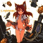  &gt;:( android animal_ears arm_cannon artist_name brown_eyes brown_hair dress_shirt fake_animal_ears frown gun long_hair nancou_(nankou) open_clothes open_shirt original panties parts_exposed print_panties ringed_eyes shell_casing shirt solo underwear usb v-shaped_eyebrows weapon 